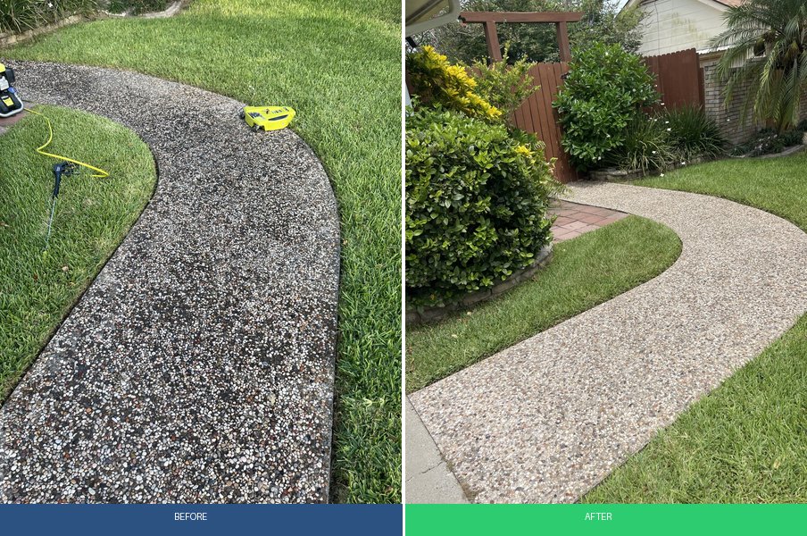 Pebble walkway cleaning before and after